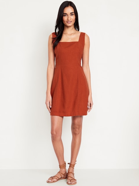 Square-Neck Linen-Blend Mini Dress - Bronzed Amber