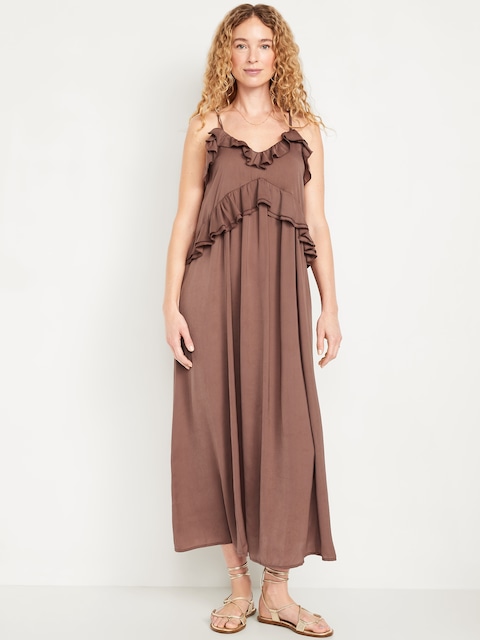 Ruffled Satin Maxi Dress - Warm Taupe