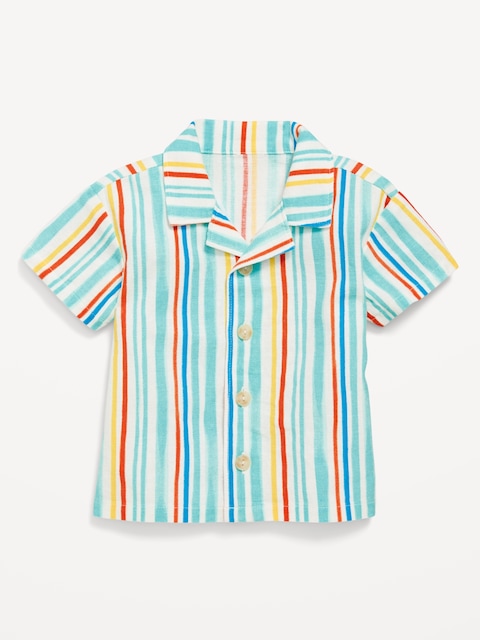 Printed Short-Sleeve Linen-Blend Shirt for Baby - Blue Multi Stripe