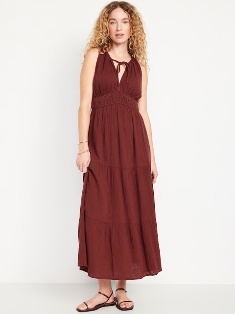 Fit & Flare Crinkle Gauze Maxi Dress - Maroon Your Day