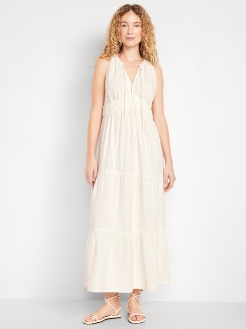 Fit & Flare Crinkle Gauze Maxi Dress - Sea Salt