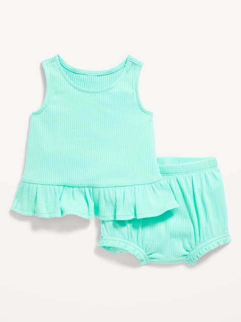 Sleeveless Ribbed Ruffle-Trim Top and Shorts Set for Baby - Aquaverde