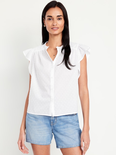 Button-Down Swiss Dot Top - White Lilies