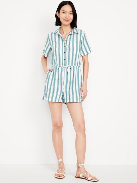 Crinkle Gauze Button-Down Romper - Blue