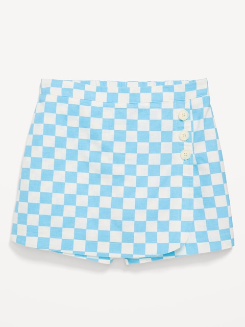 Printed Wrap-Front Linen-Blend Skort for Girls - Vista Blue Check