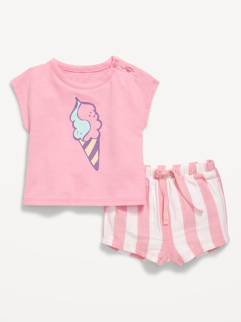 Ringer Graphic T-Shirt and Shorts Set for Baby - Pink Stripe