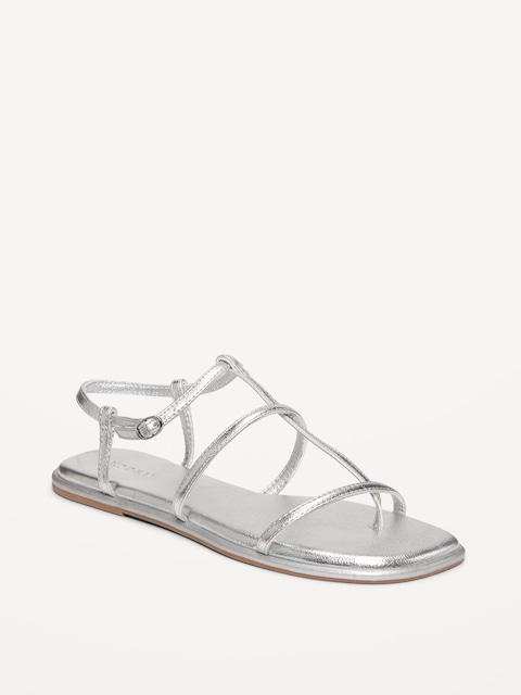 T-Bar Strappy Sandals for Women - Silver