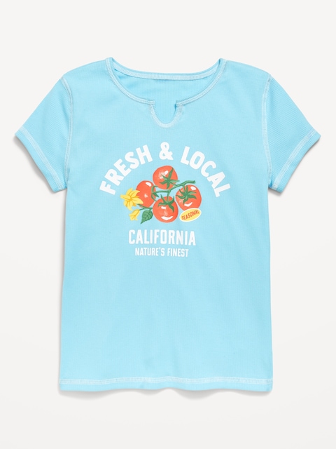 Fitted Ribbed Graphic T-Shirt for Girls - Wellbeing Blue