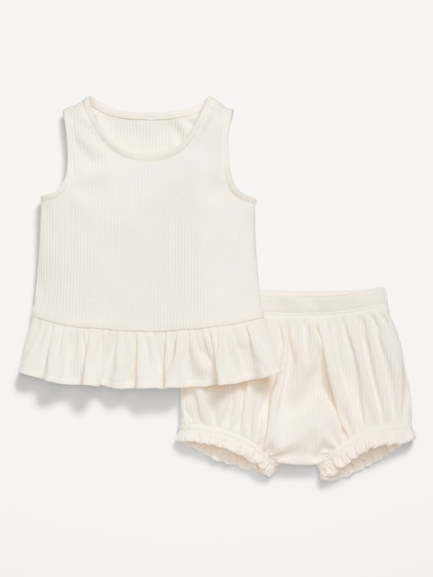 Sleeveless Ribbed Ruffle-Trim Top and Shorts Set for Baby - Creme De La Creme