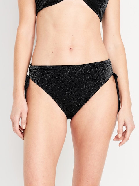 Mid-Rise Side-Tie Shine Bikini Swim Bottoms - Black Jack
