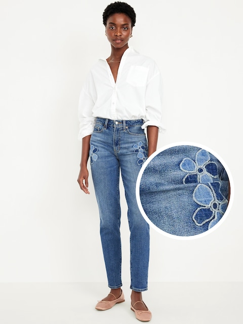 High-Waisted OG Straight Floral Applique Ankle Jeans - Medium Wash Patch