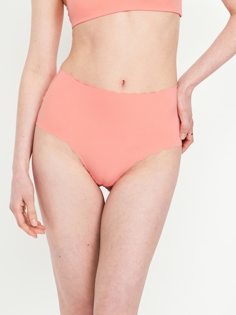 High-Waisted No-Show Scalloped Brief Underwear - Melon Shock