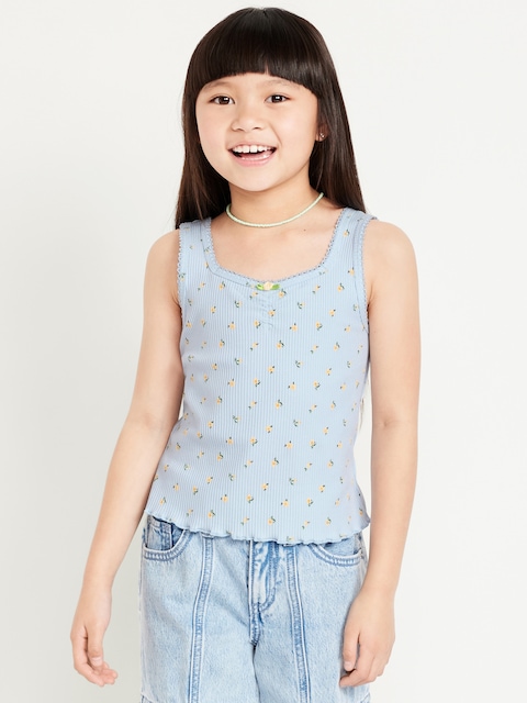 Printed Fitted Ribbed Tank Top for Girls - Blue Ditsy Floral
