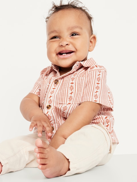 Printed Short-Sleeve Linen-Blend Pocket Shirt for Baby - Rust