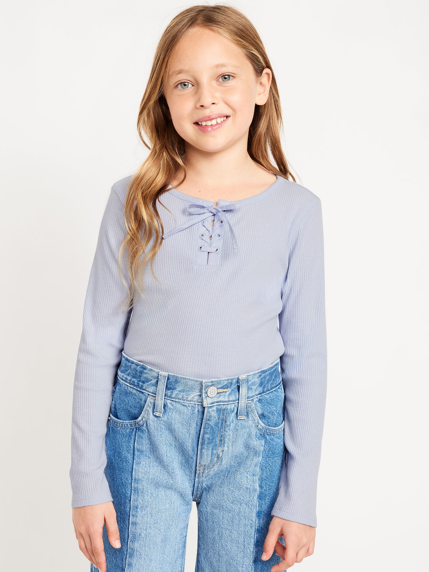 Fitted Long-Sleeve Ribbed Lace-Up Top for Girls