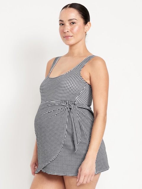 Maternity Classic Wrap Pique Swim Dress - Black/White Gingham