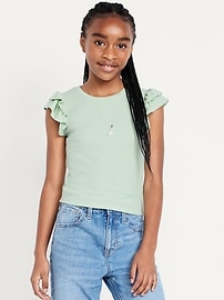 Image number 1 showing, Fitted Short-Sleeve Ruffle-Trim Ribbed Top for Girls