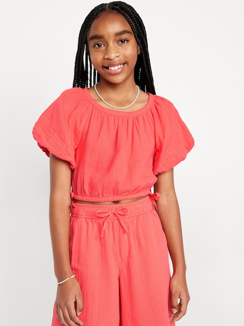 Cropped Short Puff-Sleeve Double-Weave Top for Girls - Coral Tropics