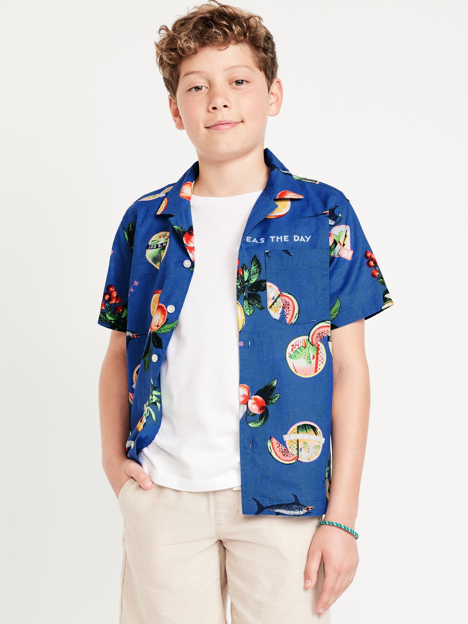 Printed Short-Sleeve Linen-Blend Pocket Shirt for Boys