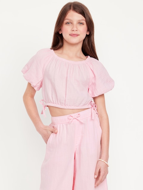 Cropped Short Puff-Sleeve Double-Weave Top for Girls - Oleander