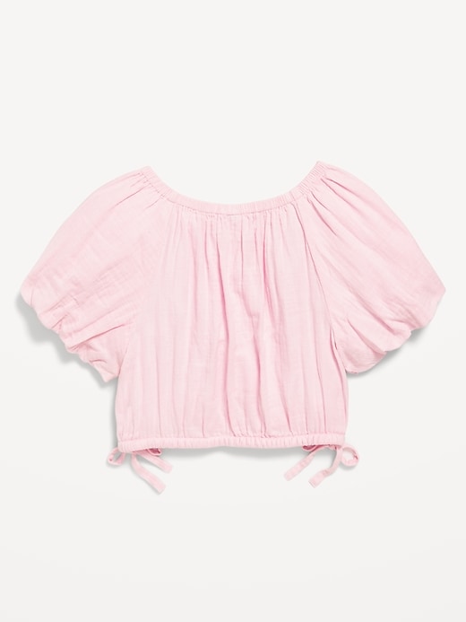 Image number 3 showing, Cropped Short Puff-Sleeve Double-Weave Top for Girls
