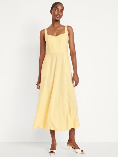 Fit & Flare Sleeveless Linen-Blend Midi Dress - Yellow Butter