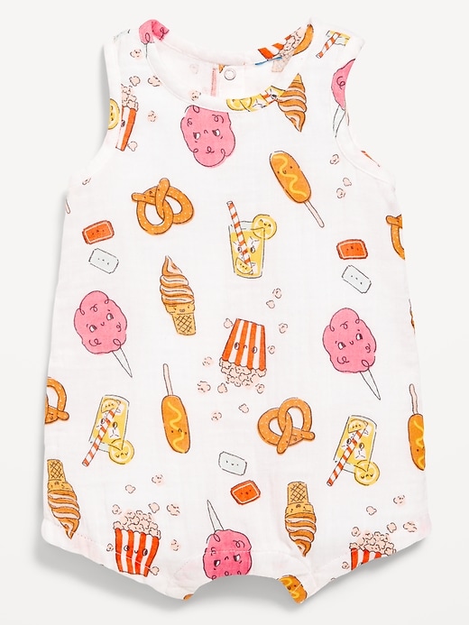 Image number 1 showing, Printed Sleeveless Double-Weave One-Piece Romper for Baby