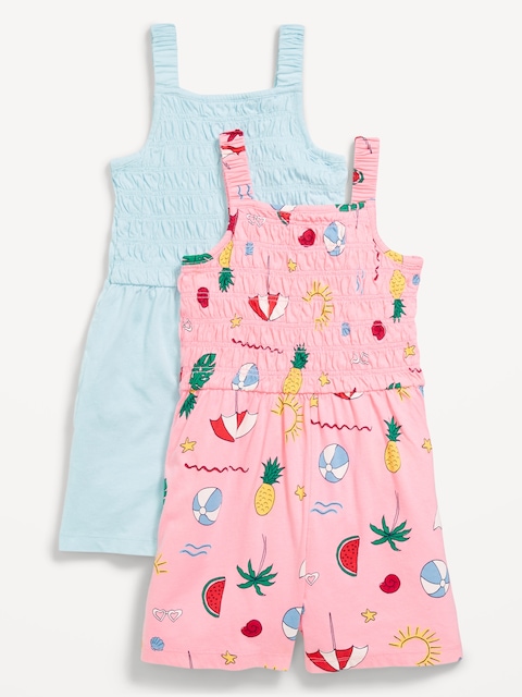 2-Pack Waist-Defined Sleeveless Smocked Romper for Girls - Light Blue/Pink Beach Scene