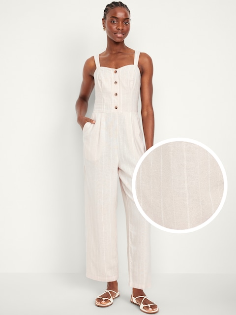 Button-Front Linen-Blend Cami Jumpsuit - Neutral Stripe