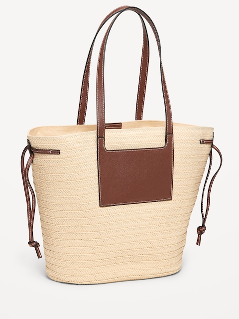 Faux-Leather Drawstring Straw Tote - Neutral