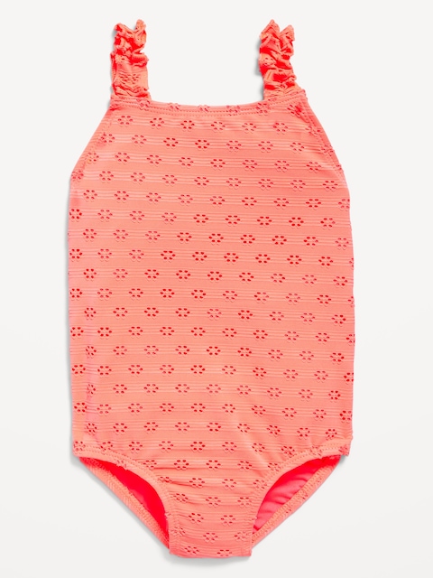 Eyelet Ruffle-Strap One-Piece Swimsuit for Toddler Girls - Coral Tropics