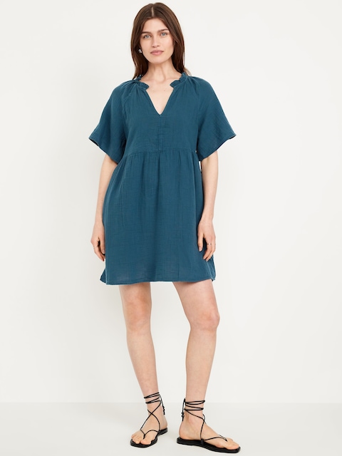 Split-Neck Crinkle Gauze Mini Swing Dress - Tidewater