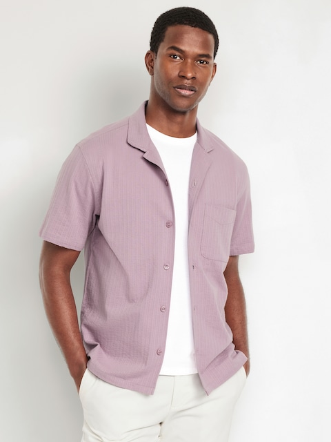 Short-Sleeve Seersucker Camp Shirt - Rose Dawn