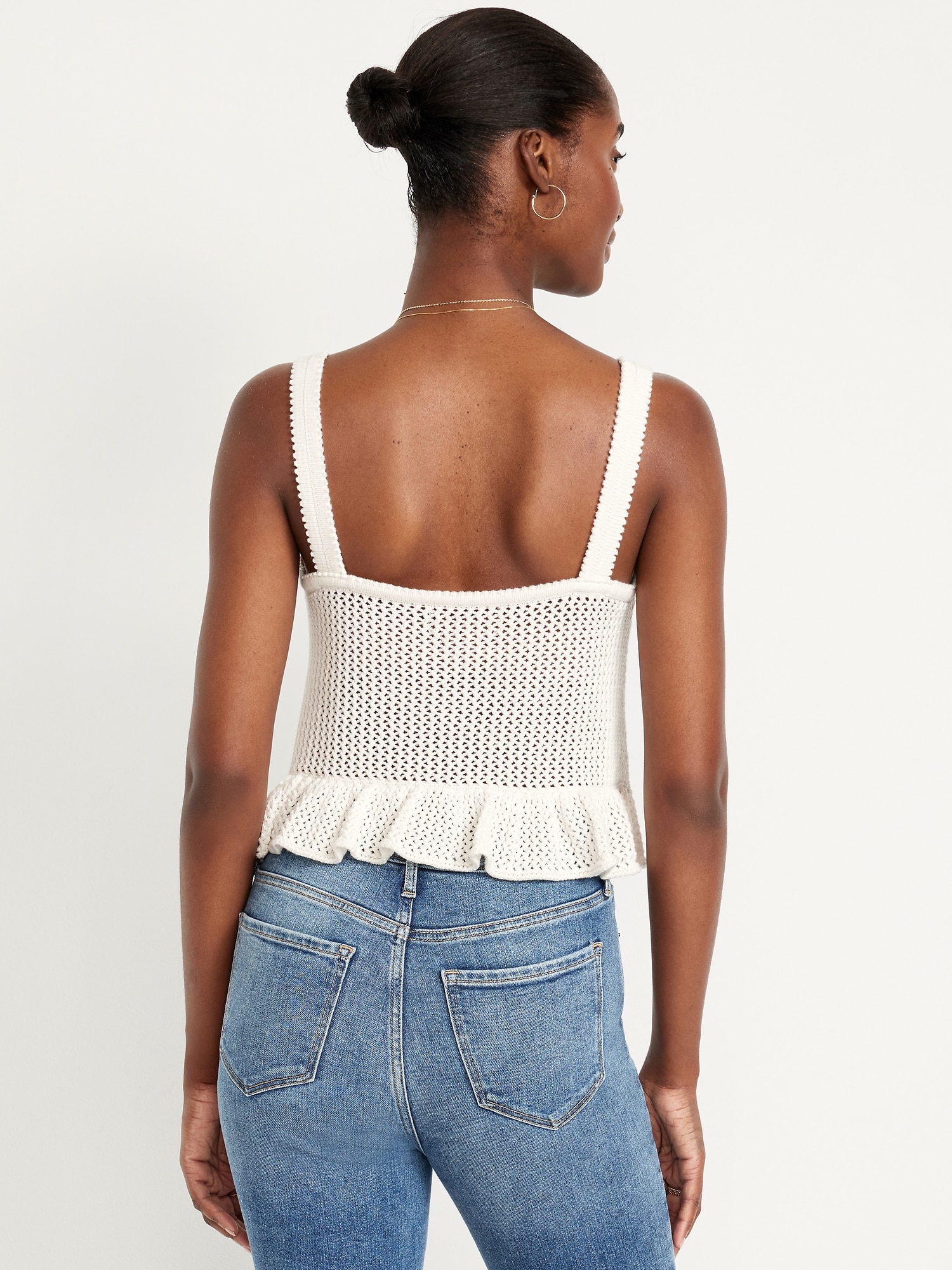 Sleeveless Open-Stitch Peplum Sweater