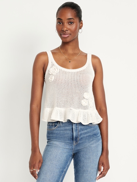 Sleeveless Open-Stitch Peplum Sweater - White Floral