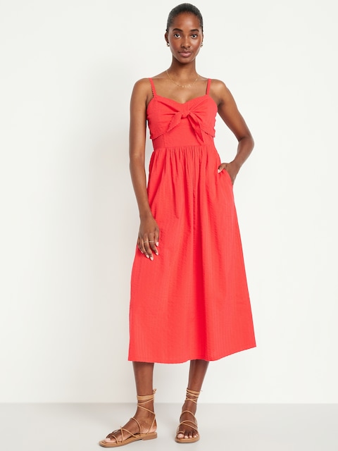 Fit & Flare Sleeveless Seersucker Midi Dress - Bright Coral