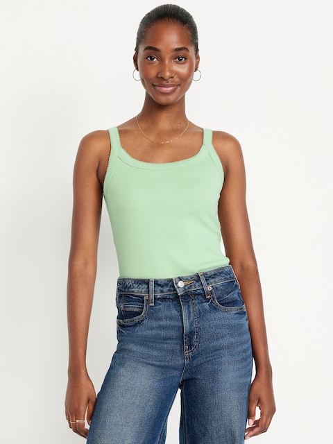 90s Ribbed Lace-Trim Tank - Celadon