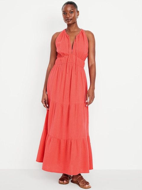 Fit & Flare Crinkle Gauze Maxi Dress - Bright Coral
