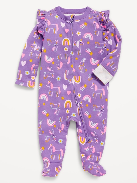 2-Way-Zip Sleep & Play Ruffle-Trim Footed One-Piece for Baby - Rainbow Unicorn