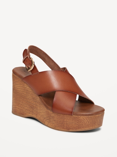 Crisscross Wedge Sandals for Women - Cognac Brown