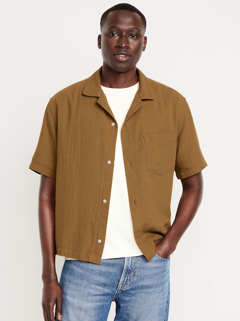 Short-Sleeve Cropped Heavyweight Camp Shirt - Grasscloth