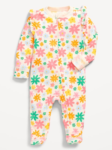 2-Way-Zip Sleep & Play Ruffle-Trim Footed One-Piece for Baby - Pink Multi Floral