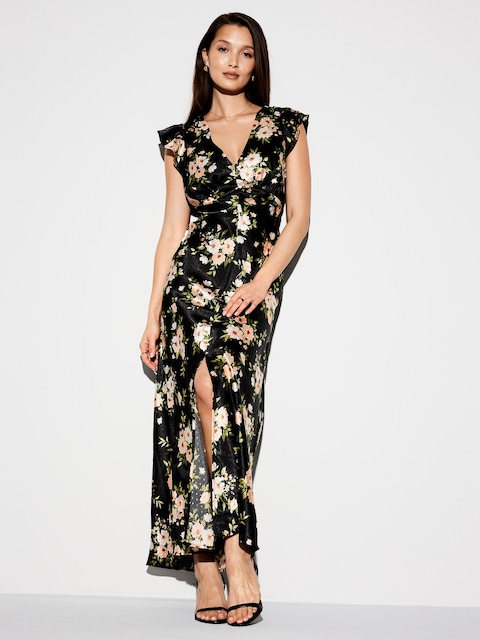 The Occasion by Old Navy Flutter-Sleeve Satin Maxi Dress - Black Floral Tonal Dots
