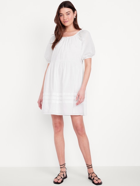 Pleated Mini Swing Dress - White Lilies