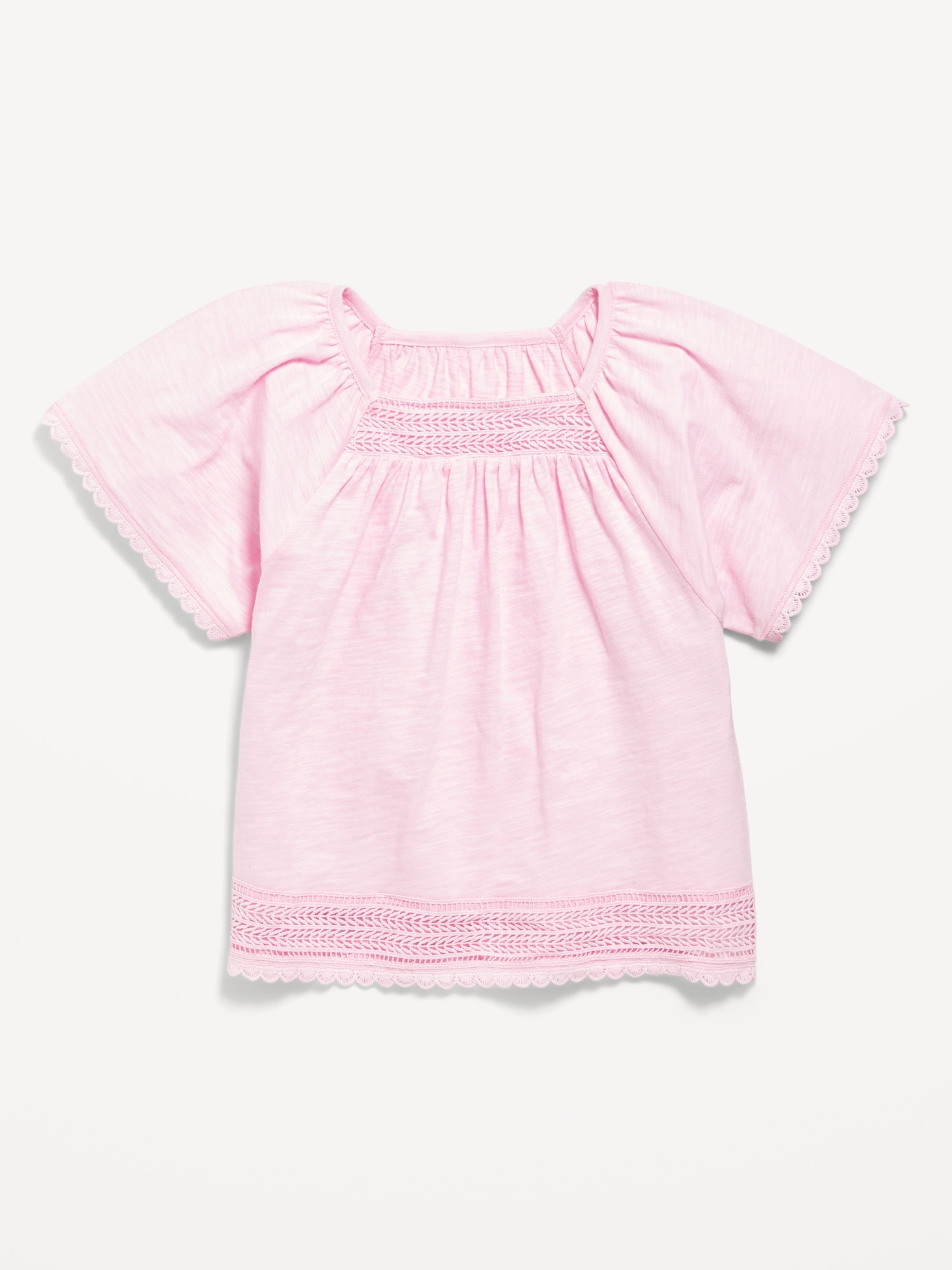Short Flutter-Sleeve Crochet-Trim Top for Girls