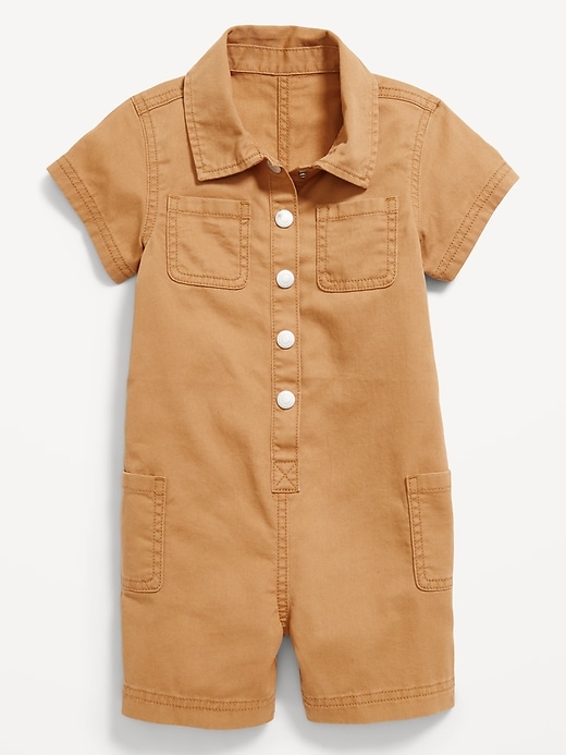 Image number 1 showing, Printed Short-Sleeve Utility Twill Romper for Toddler Girls