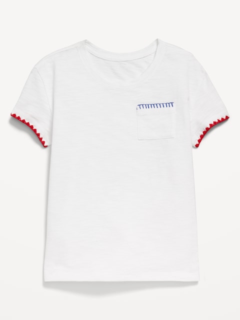 Softest Stitch-Trim Pocket T-Shirt for Girls - White Lilies