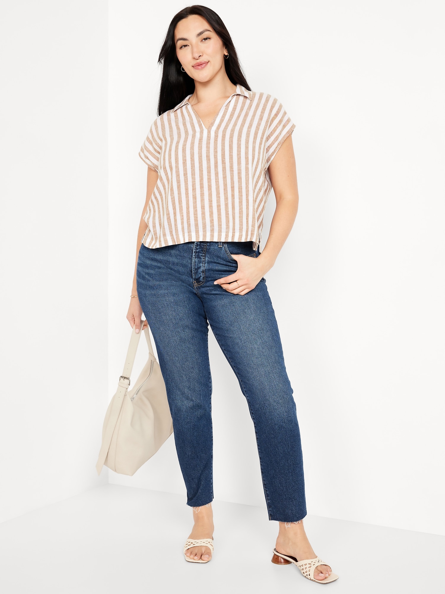 Linen-Blend Cropped Popover Shirt