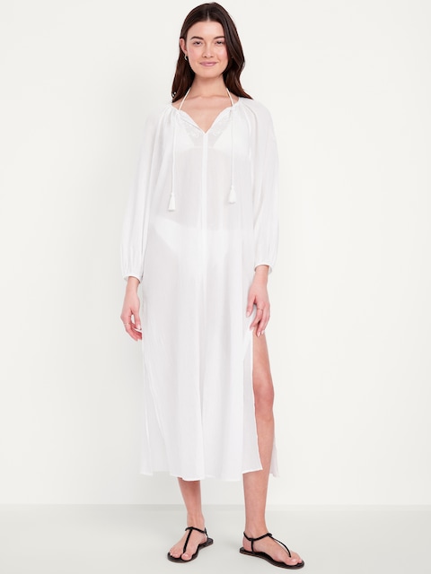 Long-Sleeve Gauze Kaftan - White Lilies