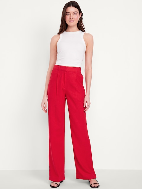 Extra High-Waisted Linen-Blend Taylor Wide-Leg Trouser Pants - Red
